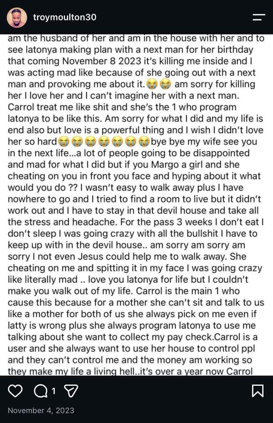 Confession written on social media after the murder of Latonya Anderson.
