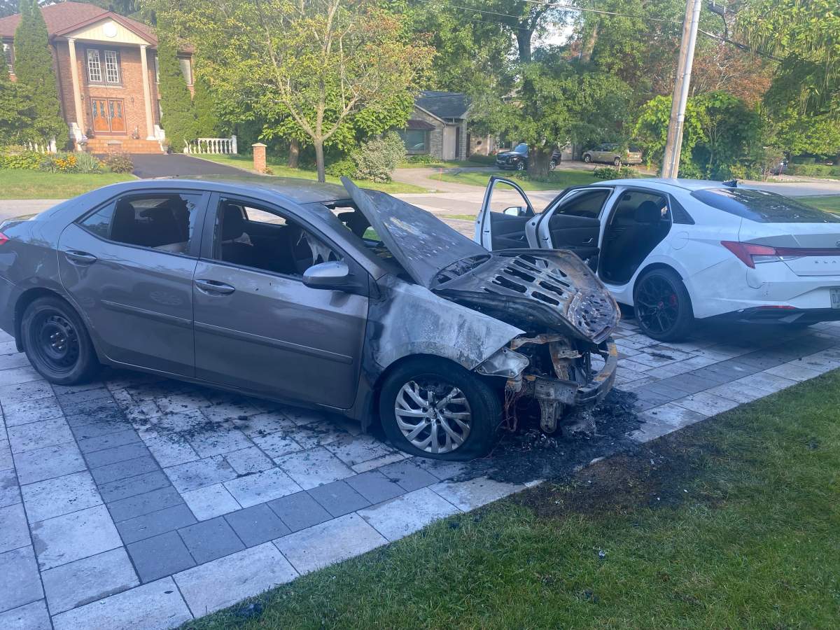 Police and firefighters were called to a Toronto neighbourhood after three vehicles were set on fire overnight.