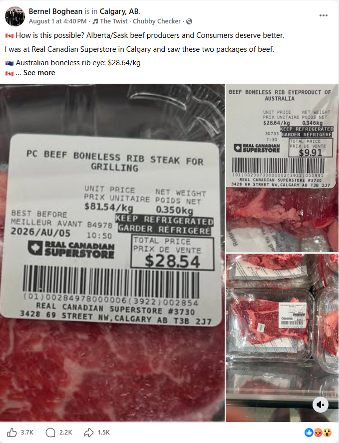 Facebook posts comparing beef from Australia to Canadian cuts in Alberta grocery stores in August 2026.
