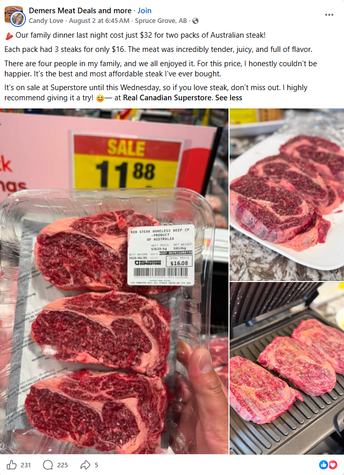 Facebook posts comparing beef from Australia to Canadian cuts in Alberta grocery stores in August 2026.