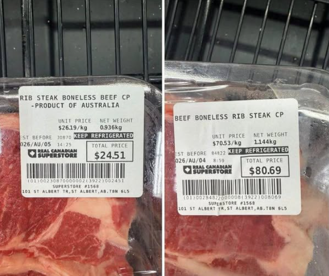 Facebook posts comparing beef from Australia to Canadian cuts in Alberta grocery stores in August 2026.