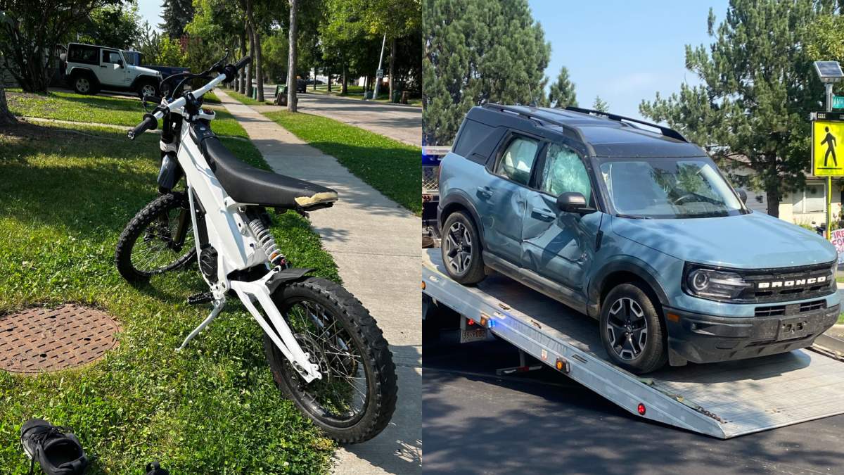 A collision between an electric dirt bike and a Fort Bronco SUV in St. Albert, Alta. on Thursday, Aug. 27, 2026.