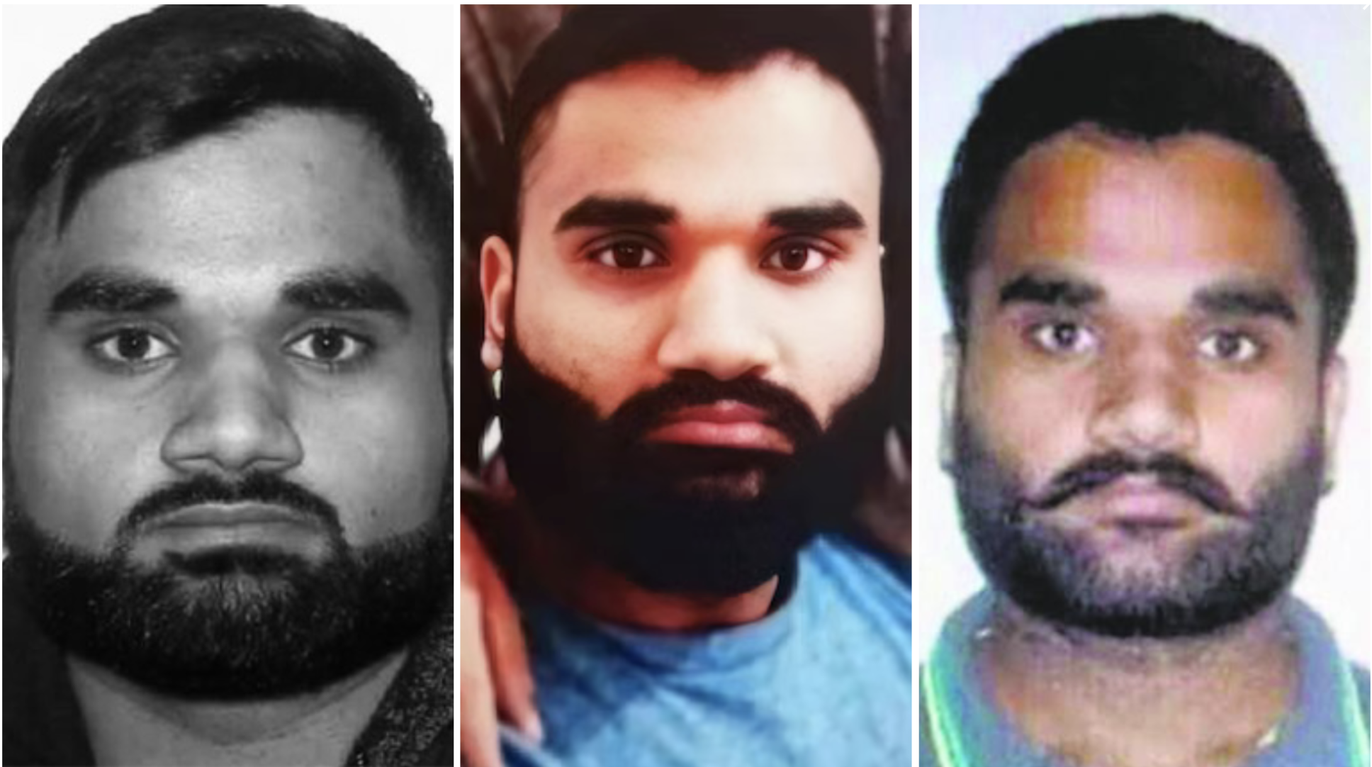 Three photos of Goldy Brar, who entered Canada using a student visa and helped establish the Bishnoi gang’s North American franchise.