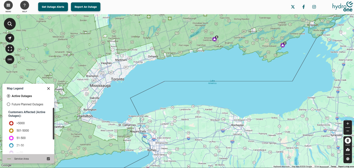 Lake America is displayed on the outage map for Hydro One on Aug. 30, 2026.