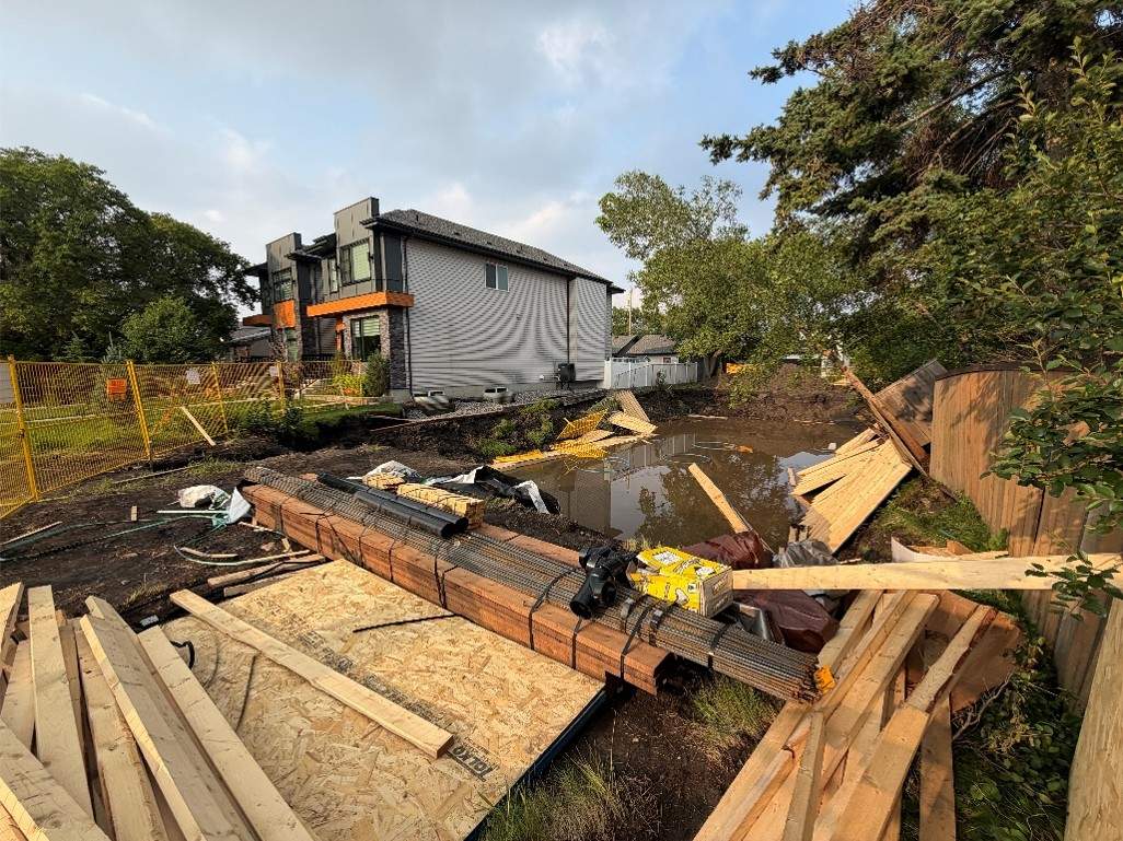 The aftermath of a severe storm at an excavation site in the Glenwood Neighbourhood in Edmonton.