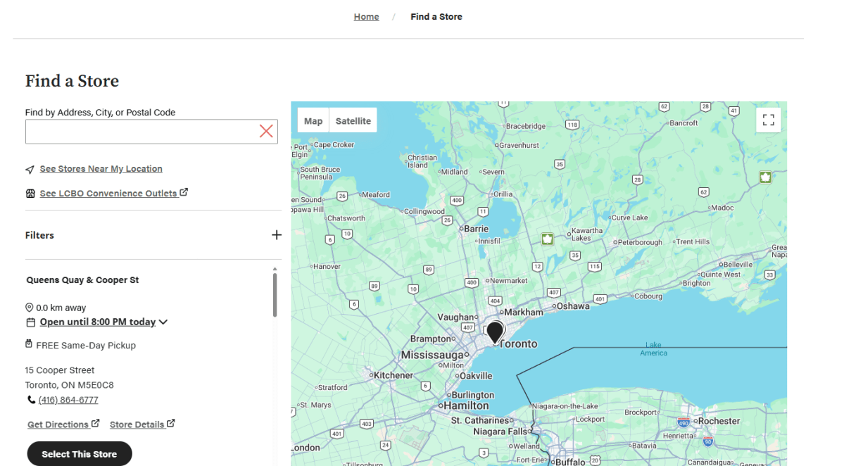 Lake America is displayed on the store locator for LCBO locations on Aug. 30, 2026.
