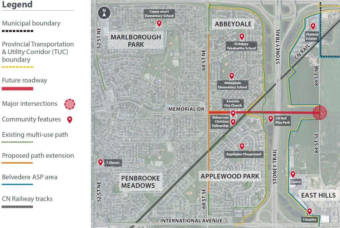 Plans call for Memorial Drive to be extended from where it currently ends, at 68 Street, over Stoney Trail, to 84 Street.