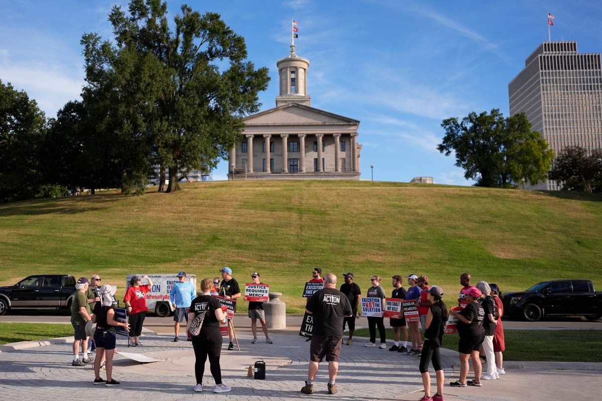 People gather during a March 4 Mercy protest against the death penalty at the Tennessee State Capitol, Sunday, Sept. 27, 2026, in Nashville, Tenn. ahead of the Sept. 30th scheduled execution of Christa Pike. (AP Photo/George Walker IV)