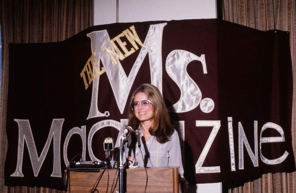 American women’s rights activist and author Gloria Steinem speaks from a podium at a press conference about Ms magazine, which she co-founded, in the 1980s.