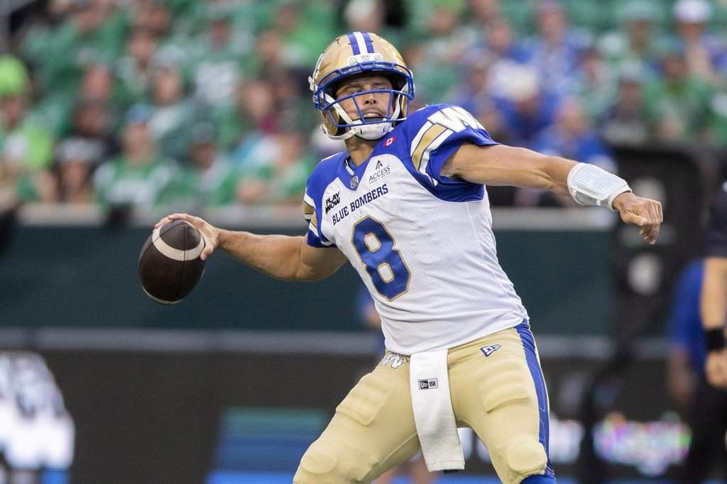 Winnipeg Blue Bombers quarterback Zach Collaros (8) throws the ball during first half CFL football action against the Saskatchewan Roughriders, in Regina on Sunday, Sep. 6, 2026. THE CANADIAN PRESS/Kayle Neis.