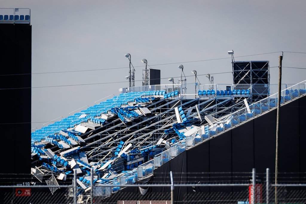 Collapsed stadium seating is seen at Rogers Stadium after a storm blew through Toronto, Ont., on Thursday, Sept. 3, 2026. 