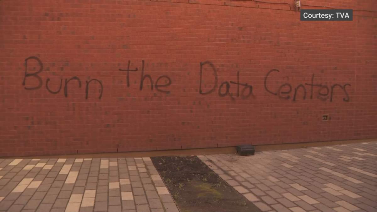 Graffiti was spray painted on one of the buildings of Quebec's Artificial Intelligence Institute on Sept. 15, 2026.