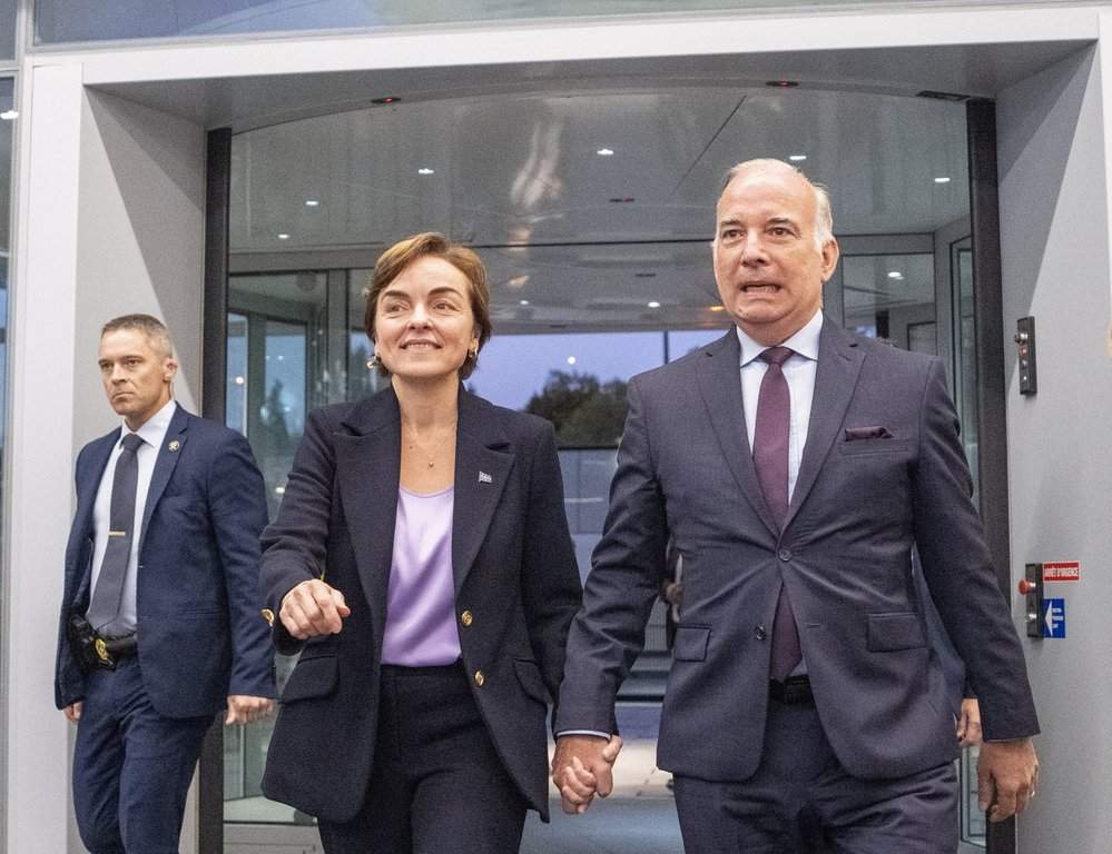 Coalition Avenir Québec Leader Christine Fréchette and her partner Guy Nadeau arrive for a leaders debate in Montreal on Wednesday, Sept. 23, 2026. Quebec votes in a provincial election on Oct. 5, 2026.