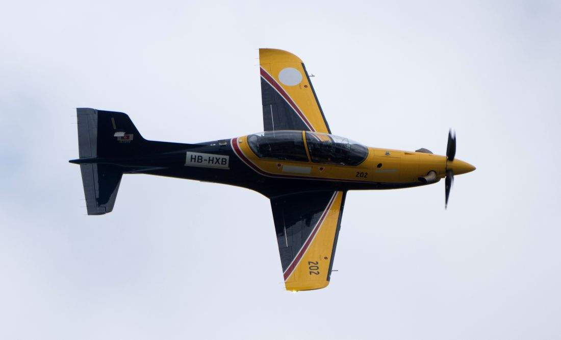 The Pilatus CT-157 Siskin II training aircraft conducts fly-bys as part of an event in Gatineau, Que., on Thursday, Sept. 17, 2026.