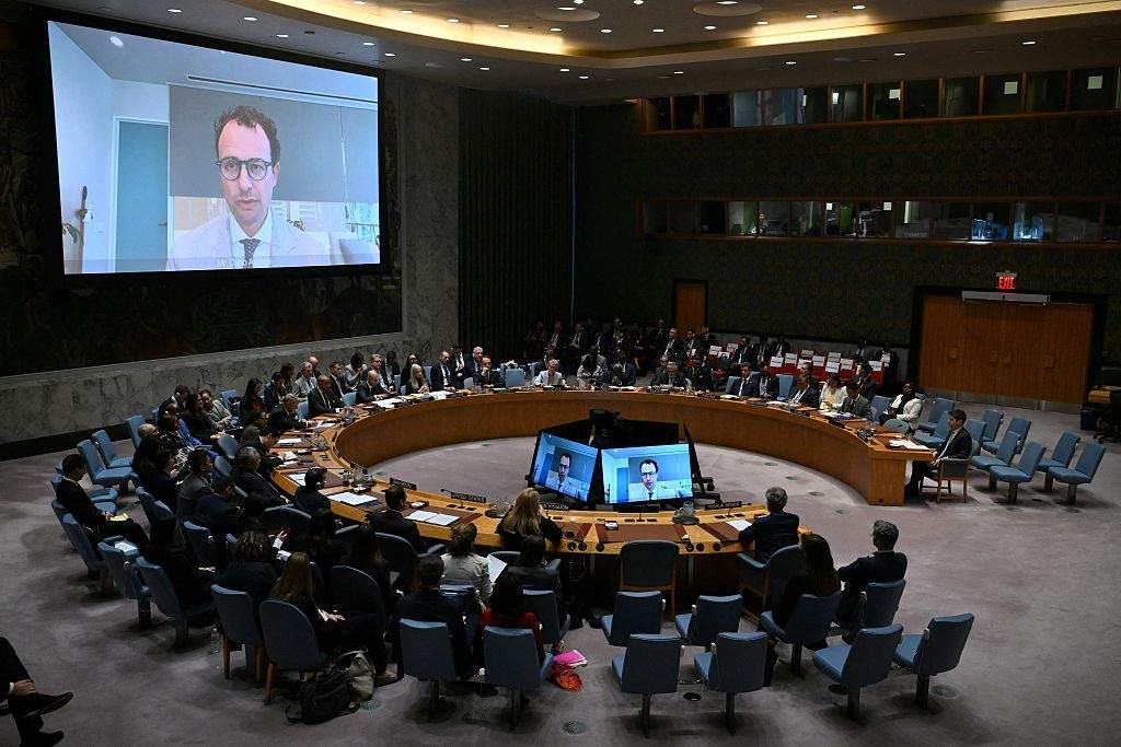 Anthropic CEO Dario Amodei (L) and Hugging Face CEO Clement Delangue appears by video during a UN Security Council meeting on artificial intelligence during the 81st United Nations General Assembly at UN headquarters in New York on September 23, 2026.