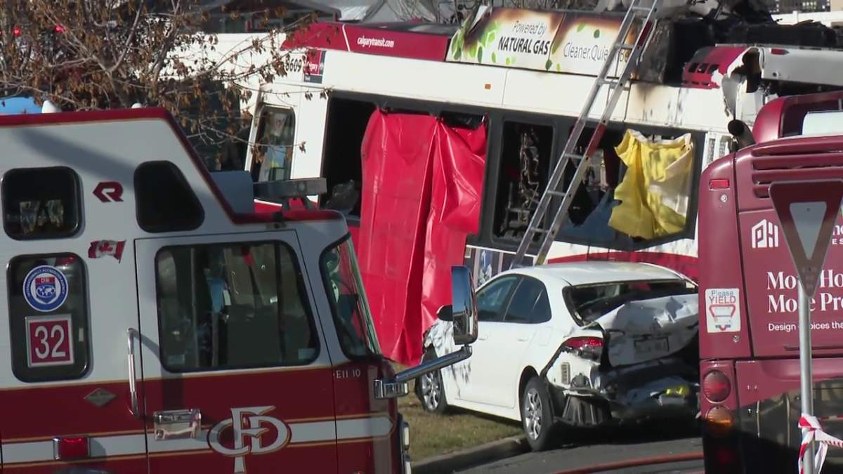 A Calgary Transit bus caught fire during a collision on Saddletowne Circle at 80 Ave NE in northeast Calgary on Thursday, Oct. 15, 2026.