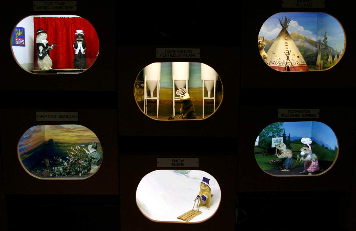 The gopher museum in Torrington, Alta., seen on Monday, June 19, 2006, features more than 77 taxidermied gophers dressed as hunters, bikers, clergy and beauticians and draws about 5,000 visitors annually.