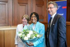 Former U.N. human rights chief Navanethem 'Navi' Pillay, centre, poses with the former president of the International Criminal Court (ICC), Silvia Fernández de Gurmendi, and the director of the International Academy of the Nuremberg Principles, Christoph Safferling, at the Nuremberg Forum in Nuremberg, Germany, Friday, Oct. 9, 2026.