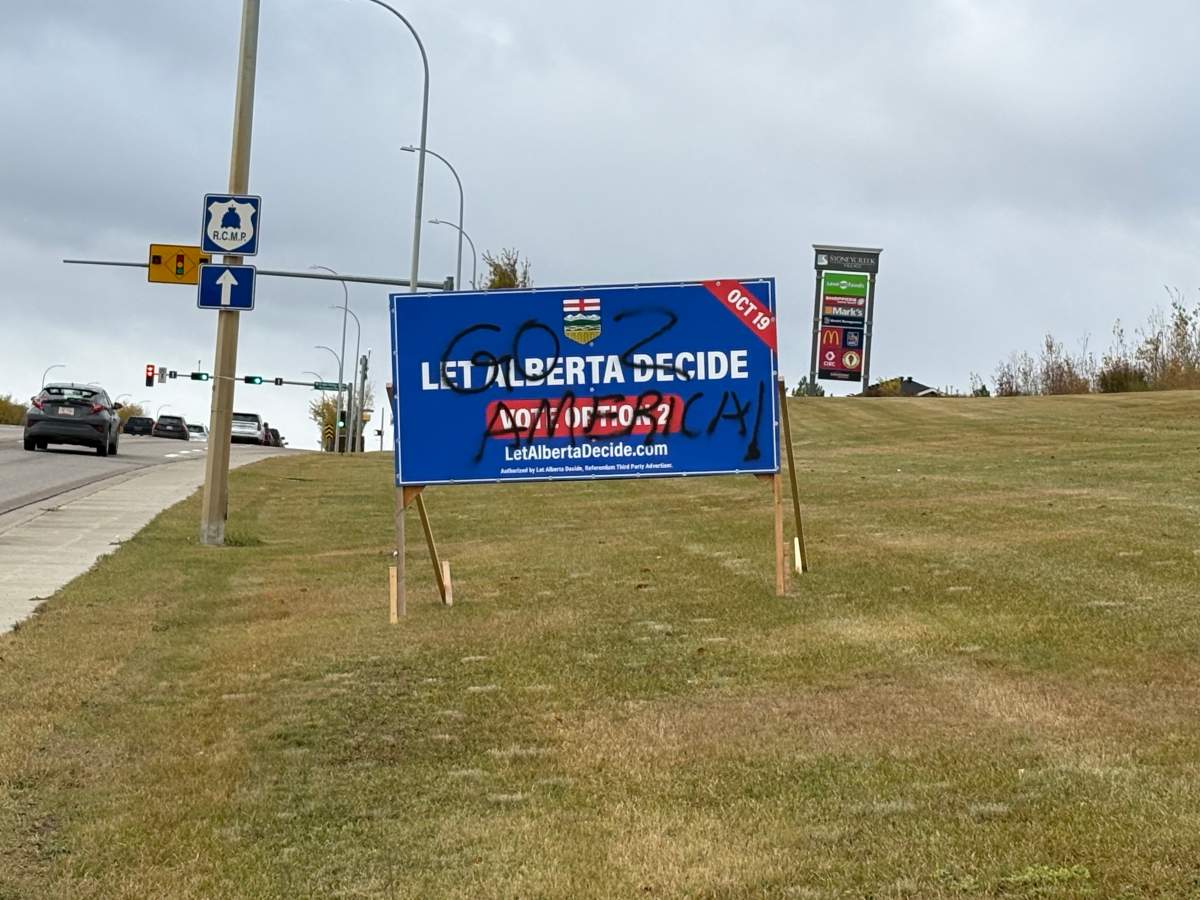 One of the seven signs promoting Alberta voting for a second referendum to leave Canada that RCMP say were were vandalized in Fort McMurray, Alta. between Sept. 29 and Oct. 4, 2026.