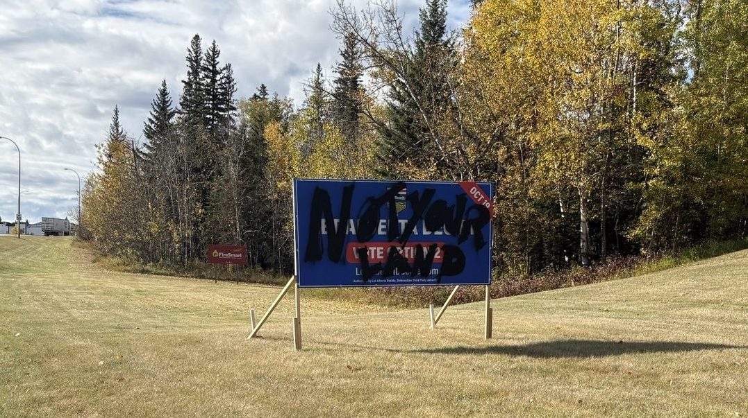 One of the seven signs promoting Alberta voting for a second referendum to leave Canada that RCMP say were were vandalized in Fort McMurray, Alta. between Sept. 29 and Oct. 4, 2026.