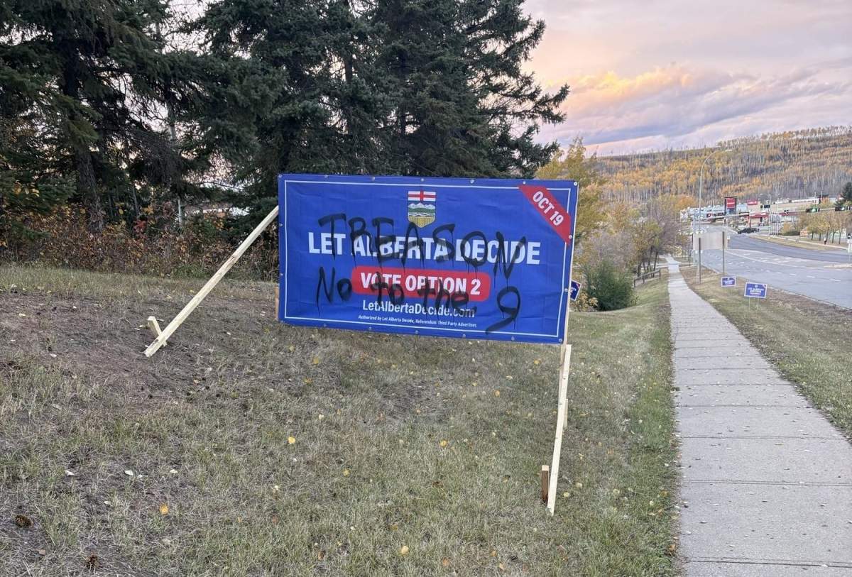 One of the seven signs promoting Alberta voting for a second referendum to leave Canada that RCMP say were were vandalized in Fort McMurray, Alta. between Sept. 29 and Oct. 4, 2026.