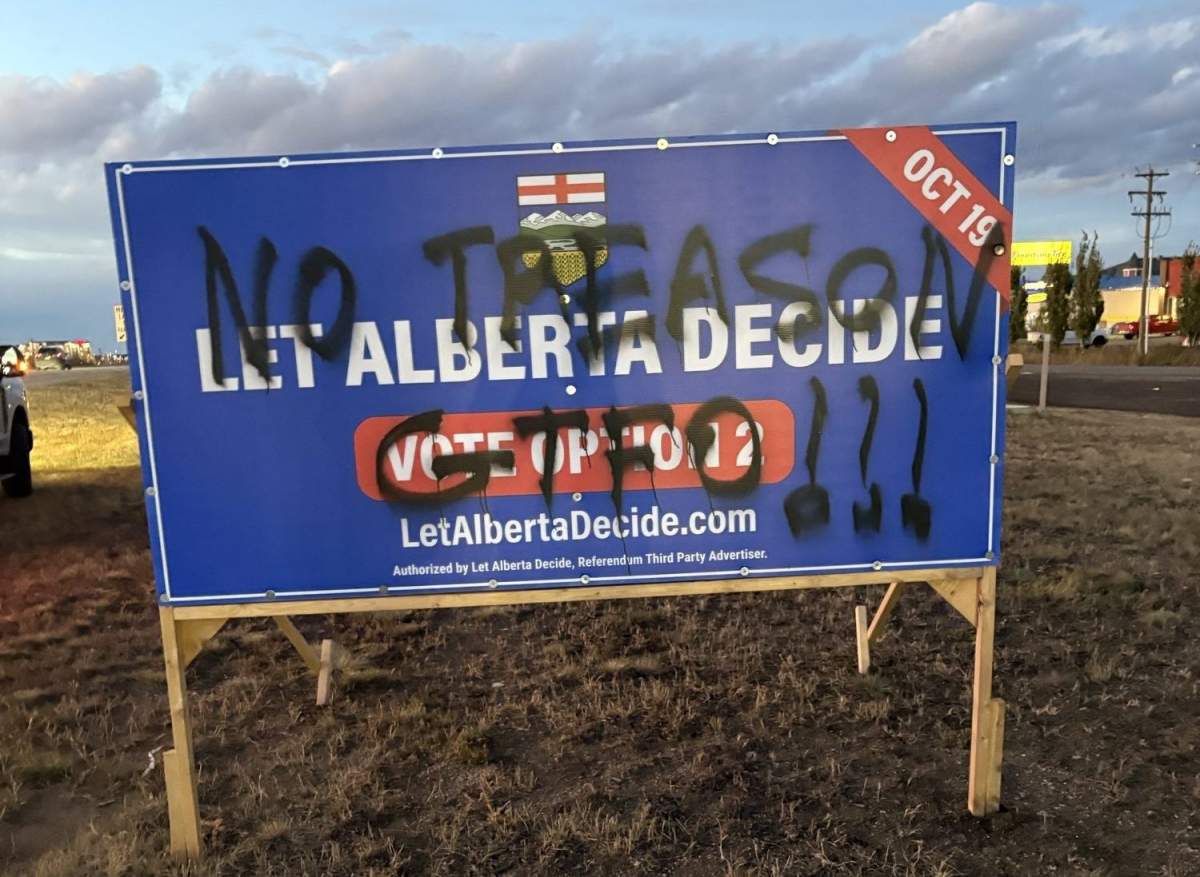 One of the seven signs promoting Alberta voting for a second referendum to leave Canada that RCMP say were were vandalized in Fort McMurray, Alta. between Sept. 29 and Oct. 4, 2026.