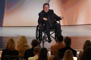 Michael J. Fox accepts the Bob Hope humanitarian award during the 78th Emmy Awards on Monday, Sept. 14, 2026, at the Peacock Theater in Los Angeles. (AP Photo/Chris Pizzello)