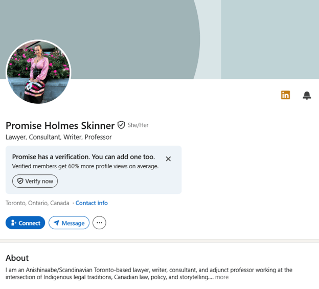 Screenshot of Promise Holmes Skinner's LinkedIn page where she says she is an "Anishinaabe-Scandinavian" lawyer "working in the intersection of Indigenous legal traditions..."