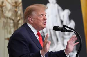 U.S. President Donald Trump speaks during a Columbus Day celebration in the East Room of the White House, Friday, Oct. 9, 2026, in Washington. (AP Photo/Alex Brandon)