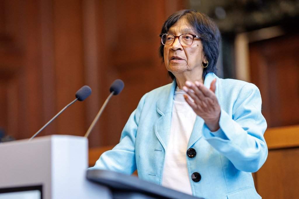 South African-born jurist and former U.N. human rights chief Navanethem "Navi" Pillay, speaks at the Nuremberg Forum in Nuremberg, Germany, Friday, Oct. 9, 2026, following the announcement that she had been awarded the 2026 Nobel Peace Prize. (Daniel Karmann/dpa via AP).