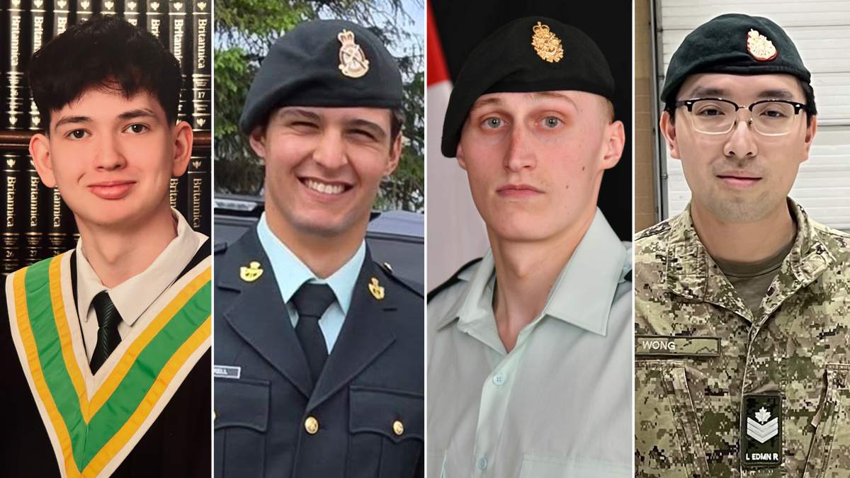 This composite of handout images shows Canadian Armed Forces members, left to right, Pte. Hayden Lykkemark, Pte. Shaun Farrell, Pte. Aidan Goulding and Sgt. Morgan Wong, who died during a training exercise at CFB Wainwright on Saturday, Oct. 17, 2026.