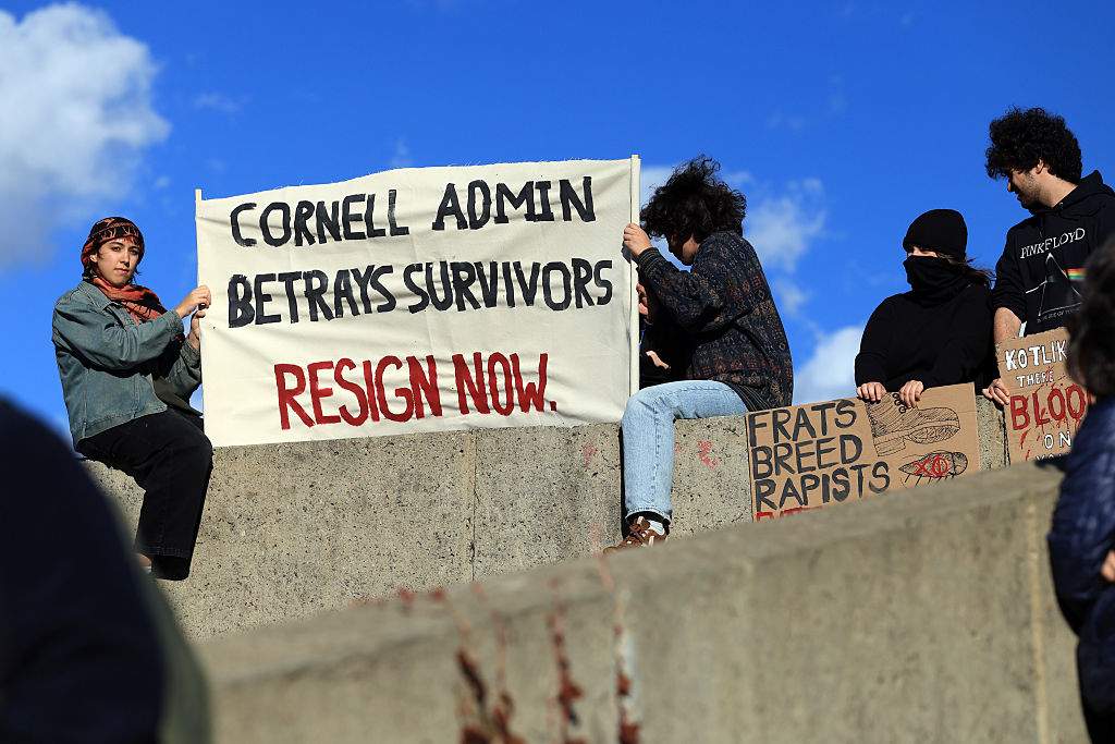 Hundreds of Cornell students participate in a rally against the university’s actions after a student was sexually assaulted at a campus fraternity in 2024, on October 5, 2026.