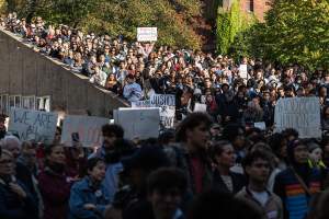 Thousands of Cornell University students and others from the Cornell community fill Ho Plaza for the Justice for Survivors protest hosted by twenty student organizations Monday, October 5, 2026.