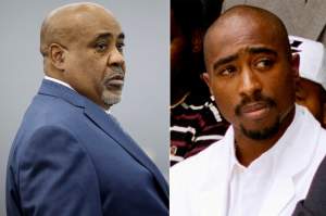 (L-R:) Duane Davis looks on during his trial in Clark County District Court at the Regional Justice Center in Las Vegas, on Aug. 26, 2026 and a file photo of rapper Tupac Shakur at a voter registration event in South Central Los Angeles on Aug. 15, 1996.