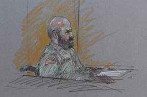 This court room sketch shows Maj. Nidal Malik Hasan during his court-martial Tuesday, Aug. 6, 2013, in Forth Hood, Texas. Hasan is representing himself against charges of murder and attempted murder for the 2009 attack that left 13 people dead at Forth Hood.