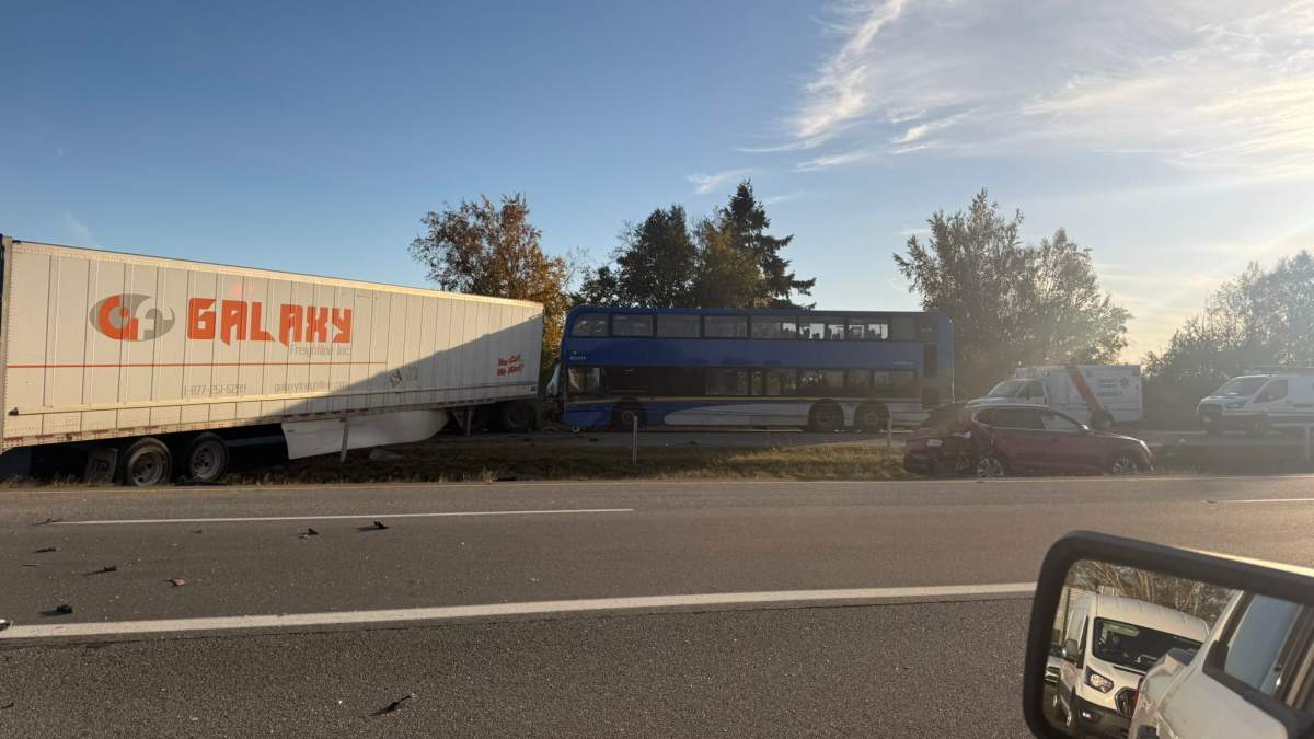 Multi-vehicle crash including double-decker bus closes Highway 99 in Delta