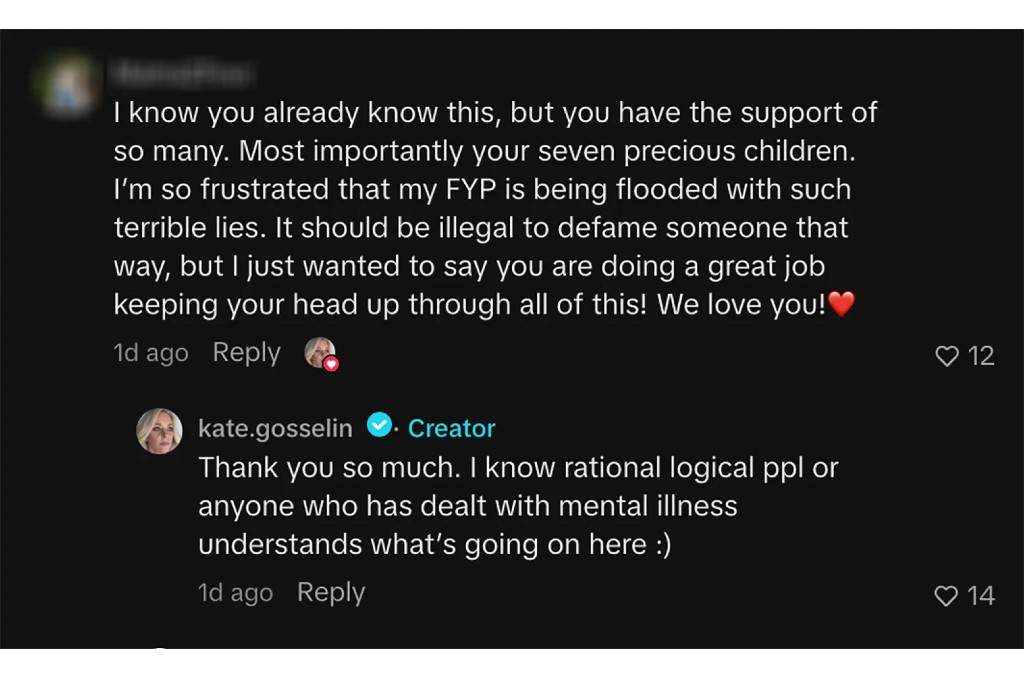 A screenshot of Kate Gosselin's TikTok comment section.