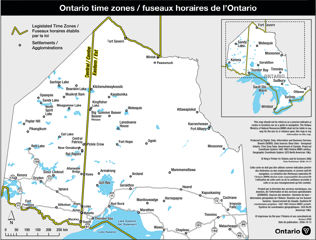A map provided by the Ontario government shows the 90th meridian the province. Communities west of the line will observe central daylight time permanently starting Nov. 1.