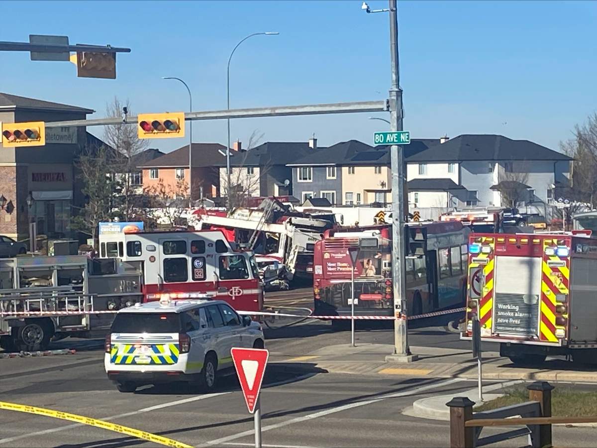 A Calgary Transit bus caught fire on Saddletowne Circle at 80 Ave NE in northeast Calgary on Thursday, Oct. 15, 2026.
